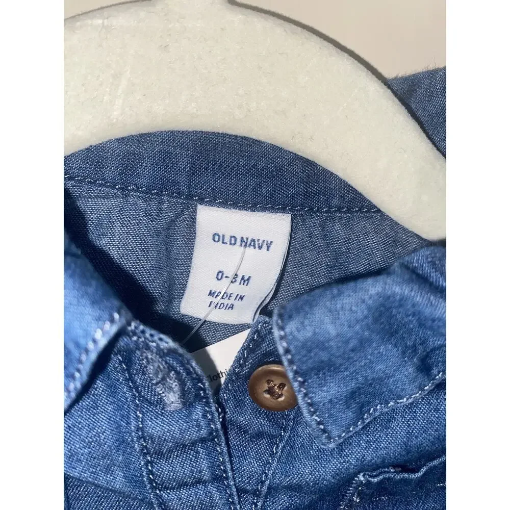 OLD NAVY 0-3 Months Baby Girl Jean Denim Shirt Dress Pockets Faux Waist Tie